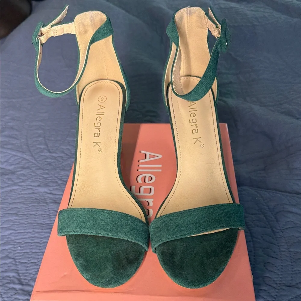 Allegra K Teal Green Suede Ankle Strap Block Heels - Picture 3 of 7